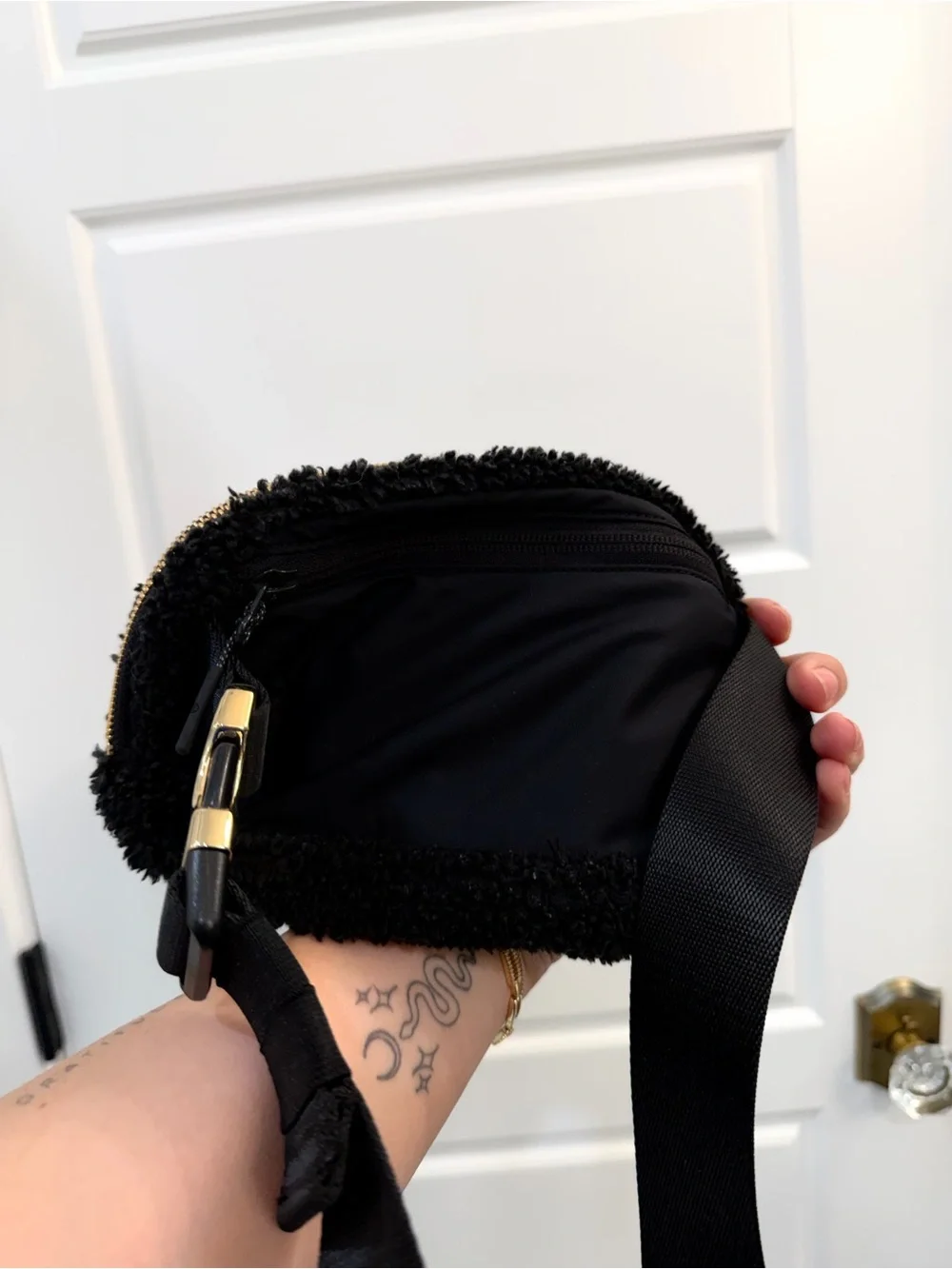 lululemon athletica Black Sherpa Crossbody Pouch with Gold Logo
